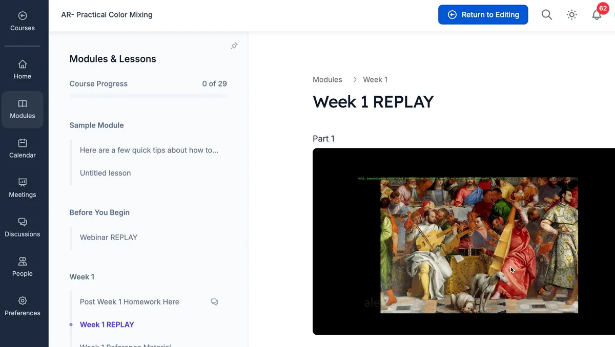 Alexander Art Painting Academy on Ruzuku — course modules, lessons, and video player